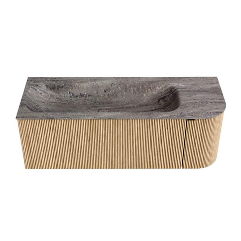 MONDIAZ KURVE-DLUX Meuble de salle de bains 125cm arrondi Droite couleur Chêne avec 1 tiroir et 1 porte. Lavabo BIG MEDIUM Gauche sans trou de robinet Oza. SW1432648