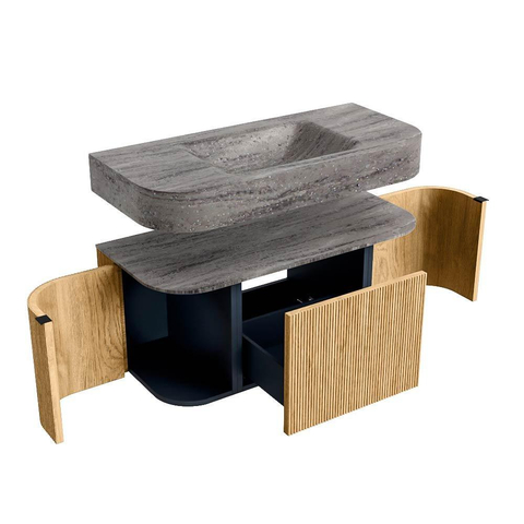 MONDIAZ THOR-DLUX 100cm meuble de salle de bains arrondi gauche + droite couleur Oak avec 1 tiroir et 2 portes. Vasque suspendue CLOUD Milieu sans trou de robinet couleur Oza. SW1467570