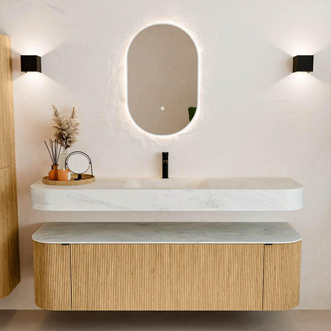 MONDIAZ THOR-DLUX 160cm badmeubel ronding links + rechts kleur Oak met 1 lade en 2 deuren. Vrijhangende wastafel CLOUD Midden 1 kraangat kleur Opalo. SW1464975