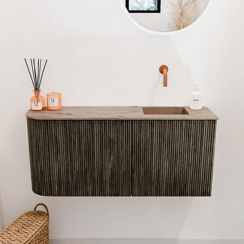 Mondiaz JOYA-DLUX 91.6cm toiletmeubel - ronding links kleur Shadow - Wastafel FAYE positie Rechts Zonder kraangat kleur Arena. SW1424851