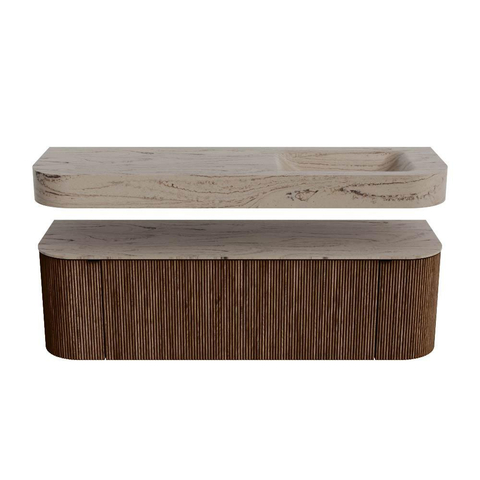 MONDIAZ THOR-DLUX 150cm badmeubel ronding links + rechts kleur Walnut met 1 lade en 2 deuren. Vrijhangende wastafel CLOUD Rechts 1 kraangat kleur Arena. SW1464724