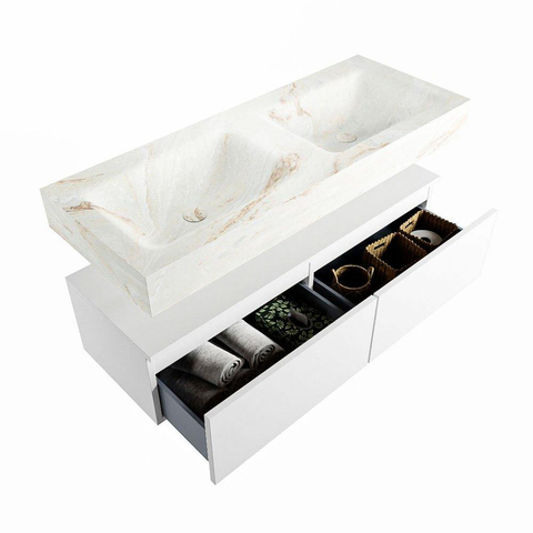 Mondiaz ALAN-DLUX Ensemble de meuble - 120cm - meuble Talc mat - 2 tiroirs - Lavabo Cloud Frappe suspendu - vasque Gauche et droite - 0 trous de robinet SW804721