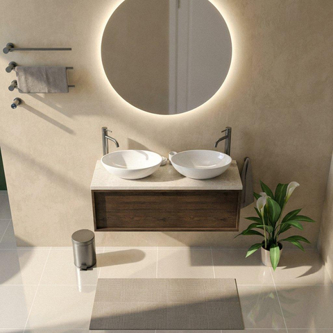 Saniclass Holz Frame Ensemble de meubles de salle de bains - 120x45x43cm - Plan de toilette en pierre naturelle travertin - 2 trous de robinetterie - 1 tiroir - chêne charcoal mat (bois) SW1478883
