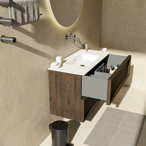 Saniclass Holz Frame Badkamermeubelset - 100x45x61.5cm - Flow solid surface wastafel wit - 1 wasbak - zonder kraangat - 2 lades - mat eiken charcoal (hout) SW1579774