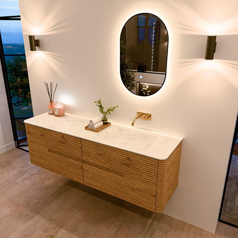 Mondiaz CIRO-DLUX Meuble de salle de bains - 160x45x50cm - Plan vasque solid surface Opalo - 1 vasque à droite - sans trous de robinet - 4 tiroirs - Chêne SW1530914