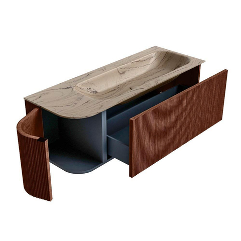 MONDIAZ KURVE-DLUX Meuble de salle de bains 125cm arrondi à gauche couleur Ruby avec 1 tiroir et 1 porte. Lavabo BIG MEDIUM à droite sans trou de robinet Arena. SW1431493