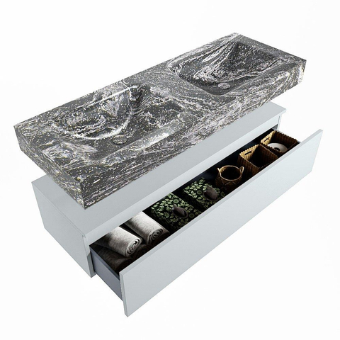Mondiaz ALAN-DLUX Ensemble de meuble - 130cm - meuble Clay mat - 1 tiroir - Lavabo Cloud Lava suspendu - vasque Gauche et droite - 0 trous de robinet SW808734