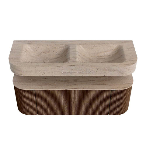 MONDIAZ THOR-DLUX 130cm badmeubel ronding links + rechts kleur Walnut met 1 lade en 2 deuren. Vrijhangende wastafel CLOUD Dubbel zonder kraangat kleur Saba. SW1464040