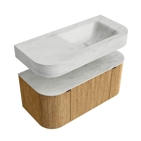 MONDIAZ THOR-DLUX 100cm badmeubel ronding links + rechts kleur Oak met 1 lade en 2 deuren. Vrijhangende wastafel CLOUD Rechts zonder kraangat kleur Opalo. SW1467313