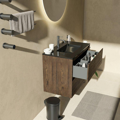 Saniclass Holz Pure Badkamermeubelset - 80x45x62cm - Vygo keramische wastafel zwart - 1 wasbak - 1 kraangat - 2 lades - mat eiken charcoal (hout) SW1478962