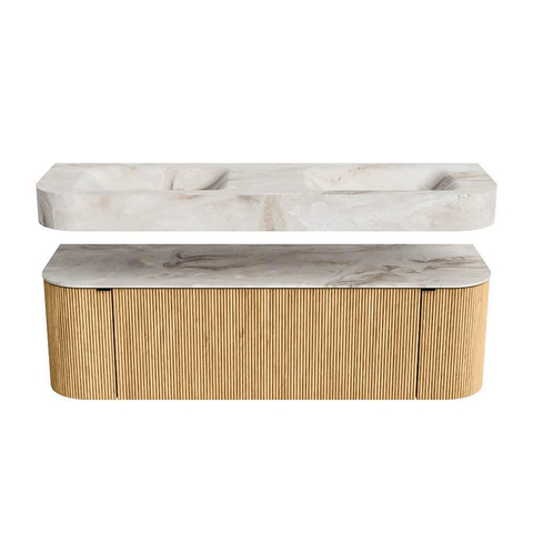 MONDIAZ THOR-DLUX 150cm badmeubel ronding links + rechts kleur Oak met 1 lade en 2 deuren. Vrijhangende wastafel CLOUD Dubbel zonder kraangat kleur Frappe. SW1464577
