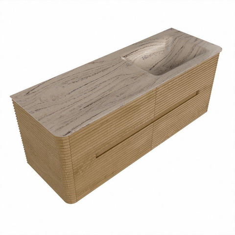 Mondiaz CIRO-DLUX Ensemble de meubles de salle de bains - 130x45x50cm - Vasque en solid surface Arena - 1 bassin à droite - 1 trou de robinet - 4 tiroirs - Chêne SW1531350