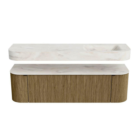 MONDIAZ THOR-DLUX 160cm meuble de salle de bains arrondi gauche + droite couleur Dusk avec 1 tiroir et 2 portes. Vasque suspendue CLOUD Droite sans trou de robinet couleur Ostra. SW1465242