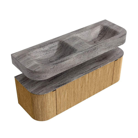 MONDIAZ THOR-DLUX 140cm badmeubel ronding links + rechts kleur Oak met 1 lade en 2 deuren. Vrijhangende wastafel CLOUD Dubbel zonder kraangat kleur Oza. SW1464254