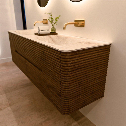 Mondiaz CIRO-DLUX Badkamermeubelset - 160x45x50cm - Solid surface wastafel Frappe - 2 wasbak Dubbel - zonder kraangaten - 4 lades - Dusk SW1532840