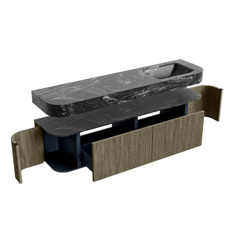 MONDIAZ THOR-DLUX 180cm meuble de salle de bains arrondi gauche + droite couleur Shadow avec 2 tiroirs et 2 portes. Vasque suspendue CLOUD Droite sans trou de robinet couleur Lava. SW1466075