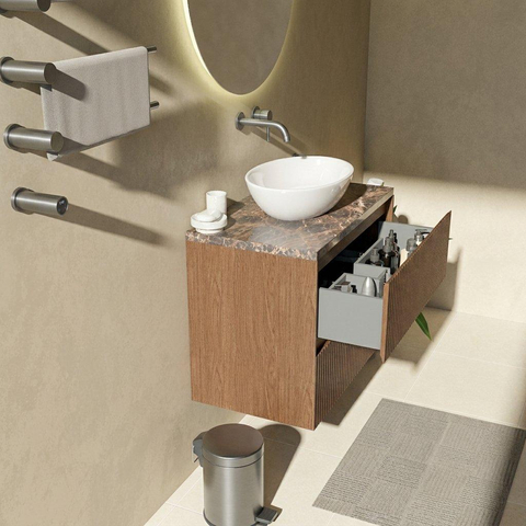 Saniclass Holz Atelier Badkamermeubelset - 80x45x63cm - Noche natuurstenen topblad dark emperador - zonder kraangat - 2 lades - mat walnut pure (hout) SW1478256