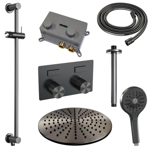 BRAUER gunmetal Carving Thermostatische Regendouche inbouw - drukknoppen - SET 72 - 30cm hoofddouche - plafondarm - 3 standen handdouche - doucheslang - geïntegreerde glijstang - gunmetal geborsteld PVD SW925704