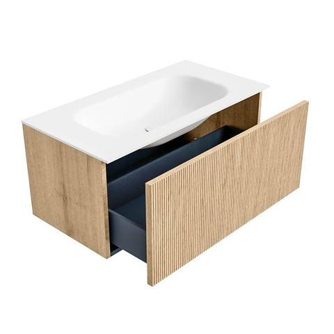 MONDIAZ KURVE Meuble de salle de bains 90 cm couleur Oak avec 1 tiroir. Lavabo BIG SMALL centré 1 trou de robinet Talc. SW1138168