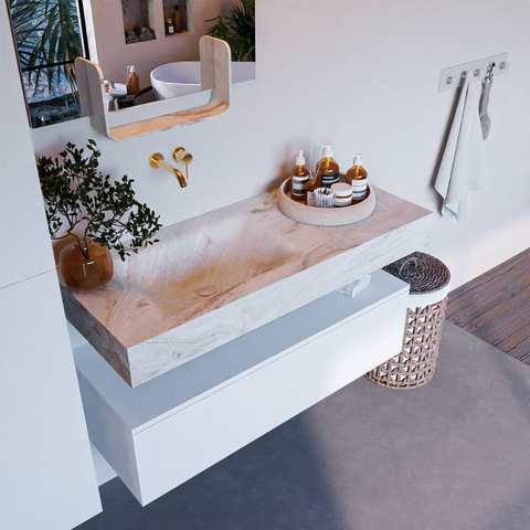 Mondiaz ALAN-DLUX Ensemble de meuble - 110cm - meuble Talc mat - 1 tiroir - Lavabo Cloud Frappe suspendu - vasque Gauche - 0 trous de robinet SW804976