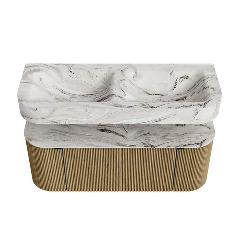 MONDIAZ THOR-DLUX 120cm meuble de salle de bains arrondi gauche + droite couleur Dusk avec 1 tiroir et 2 portes. Vasque suspendue CLOUD Double 2 trous de robinet couleur Glace. SW1463299