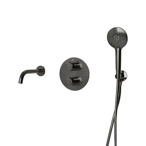 Fortifura Calvi Badkraan set - uitloop - 22cm inkortbaar - rond bedienigspaneel - gladde slang - ronde handdouche - inbouwdeel - wandhouder - PVD - geborsteld gunmetal (antraciet) SW1408667