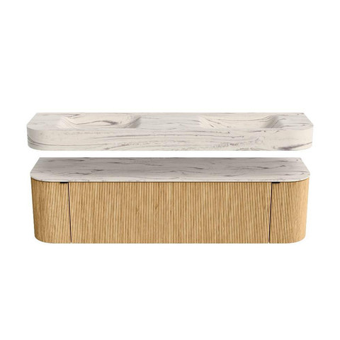 MONDIAZ THOR-DLUX 170cm meuble de salle de bains arrondi gauche + droite couleur Oak avec 1 tiroir et 2 portes. Vasque suspendue CLOUD Double sans trou de robinet couleur Nata. SW1465773