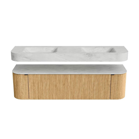 MONDIAZ THOR-DLUX 170cm meuble de salle de bains arrondi gauche + droite couleur Oak avec 1 tiroir et 2 portes. Vasque suspendue CLOUD Double 2 trous de robinet couleur Opalo. SW1465436