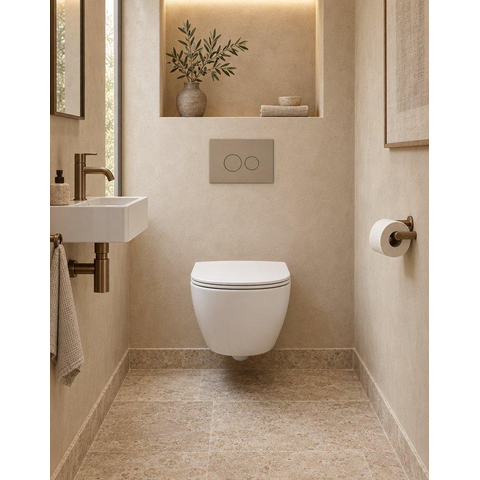 QeramiQ Dely Swirl Compact Toiletset - inbouwreservoir QeramiQ flush - slim zitting - kunststof bedieningsplaat taupe - ronde knoppen - mat wit SW1590796