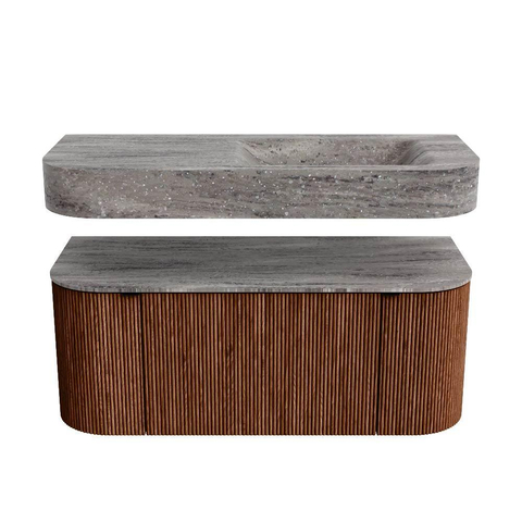 MONDIAZ THOR-DLUX 110cm badmeubel ronding links + rechts kleur Ruby met 1 lade en 2 deuren. Vrijhangende wastafel CLOUD Rechts zonder kraangat kleur Oza. SW1462982