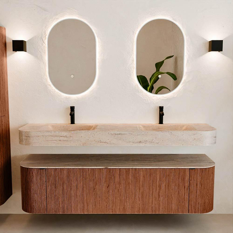 MONDIAZ THOR-DLUX Meuble de salle de bains 170cm arrondi gauche + droite couleur Ruby avec 1 tiroir et 2 portes. Vasque suspendue CLOUD Double 2 trous de robinet couleur Saba. SW1465828