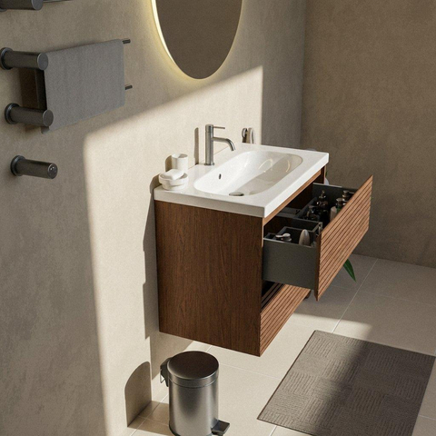 Saniclass Holz Atelier Ensemble meuble de salle de bains - 80x45x63,5cm - lavabo en céramique Palermo blanc - 1 vasque - 1 trou de robinetterie - 2 tiroirs - walnut pure mat (bois) SW1478596