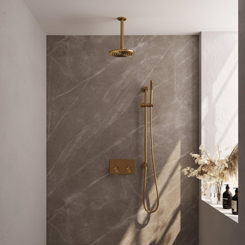 BRAUER Gold Edition Thermostatische Regendouche inbouw - drukknoppen - SET 65 - 20cm hoofddouche - plafondarm - staaf handdouche - doucheslang - geïntegreerde glijstang - goud geborsteld PVD SW925672