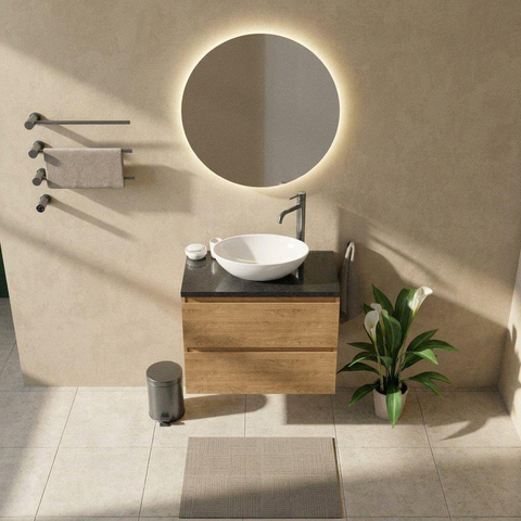 Saniclass Holz Pure Badkamermeubelset - 80x45x63cm - Noche basalten wastafelblad gepolijst (zwart) - 1 kraangat - 2 lades - mat eiken natural (hout) SW1478546