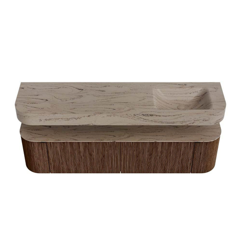MONDIAZ THOR-DLUX 180cm badmeubel ronding links + rechts kleur Walnut met 2 lades en 2 deuren. Vrijhangende wastafel CLOUD Rechts 1 kraangat kleur Arena. SW1466115