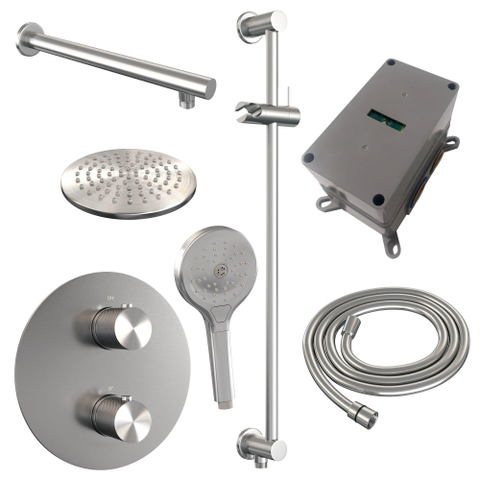 BRAUER Douche pluie thermostatique encastrée Carving brossée - 3 voies - rond - set 91 - douche principale de 20 cm - bras mural droit - douchette à main 3 positions - flexible de douche - barre de douche intégrée - inox brossé PVD SW1159200