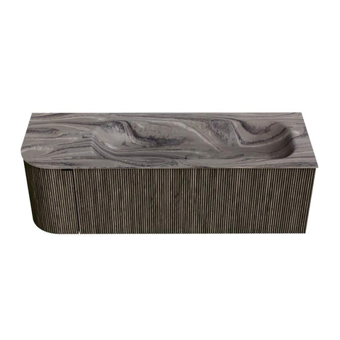 MONDIAZ KURVE-DLUX 135cm badmeubel ronding Links kleur Shadow met 1 lade en 1 deur. Wastafel BIG MEDIUM Rechts 1 kraangat Sombra. SW1433773