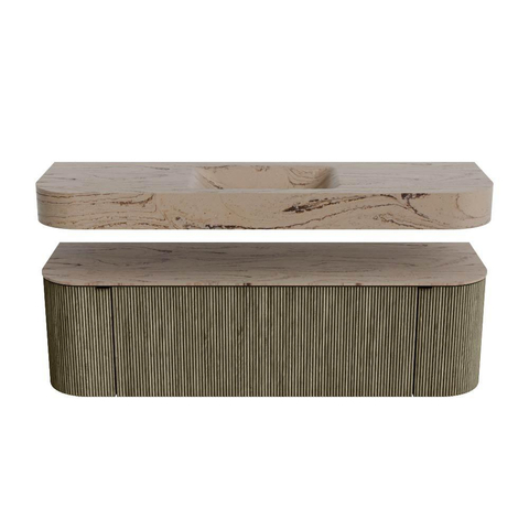 MONDIAZ THOR-DLUX 150cm meuble de salle de bains arrondi gauche + droite couleur Shadow avec 1 tiroir et 2 portes. Vasque suspendue CLOUD Milieu 1 trou de robinet couleur Arena. SW1464759