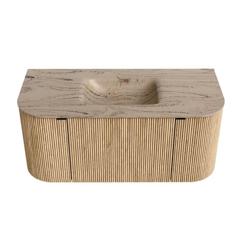 MONDIAZ KURVE-DLUX Meuble de salle de bains 100cm arrondi gauche + droite couleur Chêne avec 1 tiroir et 2 portes. Lavabo GRUNNE Milieu sans trou de robinet Arena. SW1431070