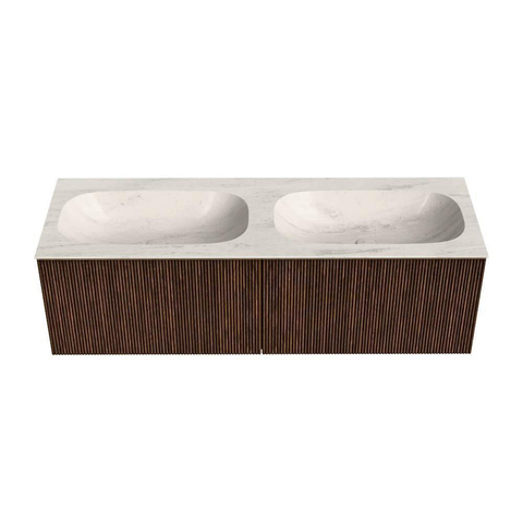 MONDIAZ KURVE-DLUX Meuble de salle de bains 140cm couleur Walnut avec 2 tiroirs et 0 portes. Lavabo STOR SMALL Double sans trou de robinet Meli. SW1431754