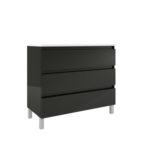 Saniclass Chaci PLUS Meuble de salle de bain - 120x86x46cm - lavabo en céramique blanc - 2 vasques - sans trous de robinet - 6 tiroirs - miroir rectangulaire - noir mat SW1027216