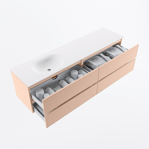 MONDIAZ Vica Ensemble meuble de salle de bains - 180cm - meuble bas rosee - 4 tiroirs - vasque moon gauche - 1 trou de robinet - version haute 60cm - talc SW1080439