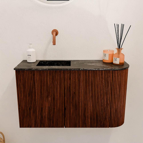 Mondiaz JOYA-DLUX 71.6cm toiletmeubel - ronding rechts kleur Ruby - Wastafel FAYE positie Links Zonder kraangat kleur Lava. SW1423646