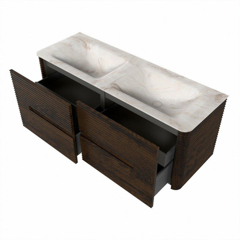 Mondiaz CIRO-DLUX Badkamermeubelset - 130x45x50cm - Solid surface wastafel Frappe - 2 wasbak Dubbel - zonder kraangaten - 4 lades - Walnut SW1530301