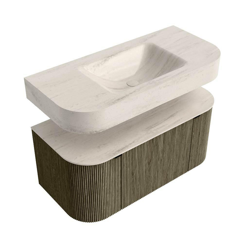 MONDIAZ THOR-DLUX 100cm meuble de salle de bains arrondi gauche + droite couleur Shadow avec 1 tiroir et 2 portes. Vasque suspendue CLOUD Centre sans trou de robinet couleur Meli. SW1467489