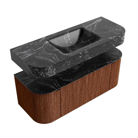 MONDIAZ THOR-DLUX 120cm meuble de salle de bains arrondi gauche + droite couleur Ruby avec 1 tiroir et 2 portes. Vasque suspendue CLOUD Milieu sans trou de robinet couleur Lava. SW1463114