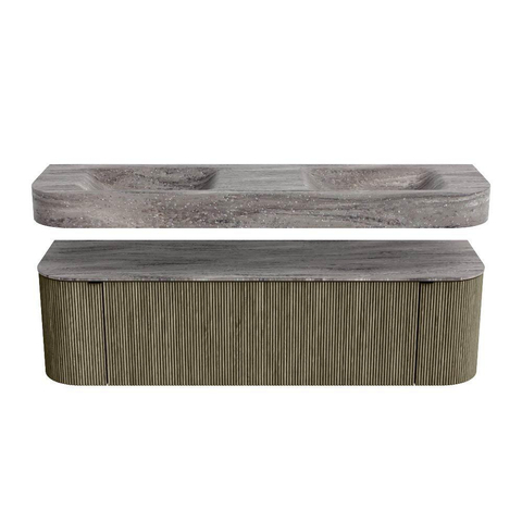 MONDIAZ THOR-DLUX 160cm meuble de salle de bains arrondi gauche + droite couleur Shadow avec 1 tiroir et 2 portes. Vasque suspendue CLOUD Double sans trou de robinet couleur Oza. SW1465319