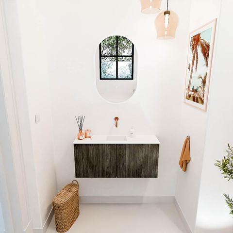 Mondiaz JOYA 90cm meuble de salle de bains - couleur Shadow - Vasque FAYE position Milieu Sans trou de robinet couleur Talc SW1421417