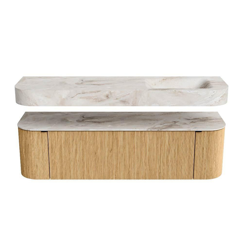 MONDIAZ THOR-DLUX 160cm badmeubel ronding links + rechts kleur Oak met 1 lade en 2 deuren. Vrijhangende wastafel CLOUD Rechts zonder kraangat kleur Frappe. SW1464941