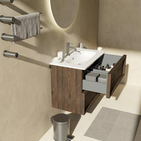 Saniclass Holz Frame Badkamermeubelset - 80x45x73.9cm - Chaci keramische wastafel wit - 1 wasbak - 1 kraangat - 2 lades - mat eiken charcoal (hout) SW1579999